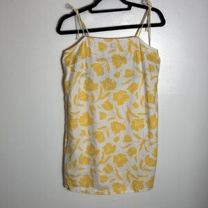 Yellow Floral Linen blend Mini Dress Beach Dress SzS